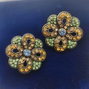Signed LaVintage China QVC Multicolor Rhinestones Floral Clip On Earrings